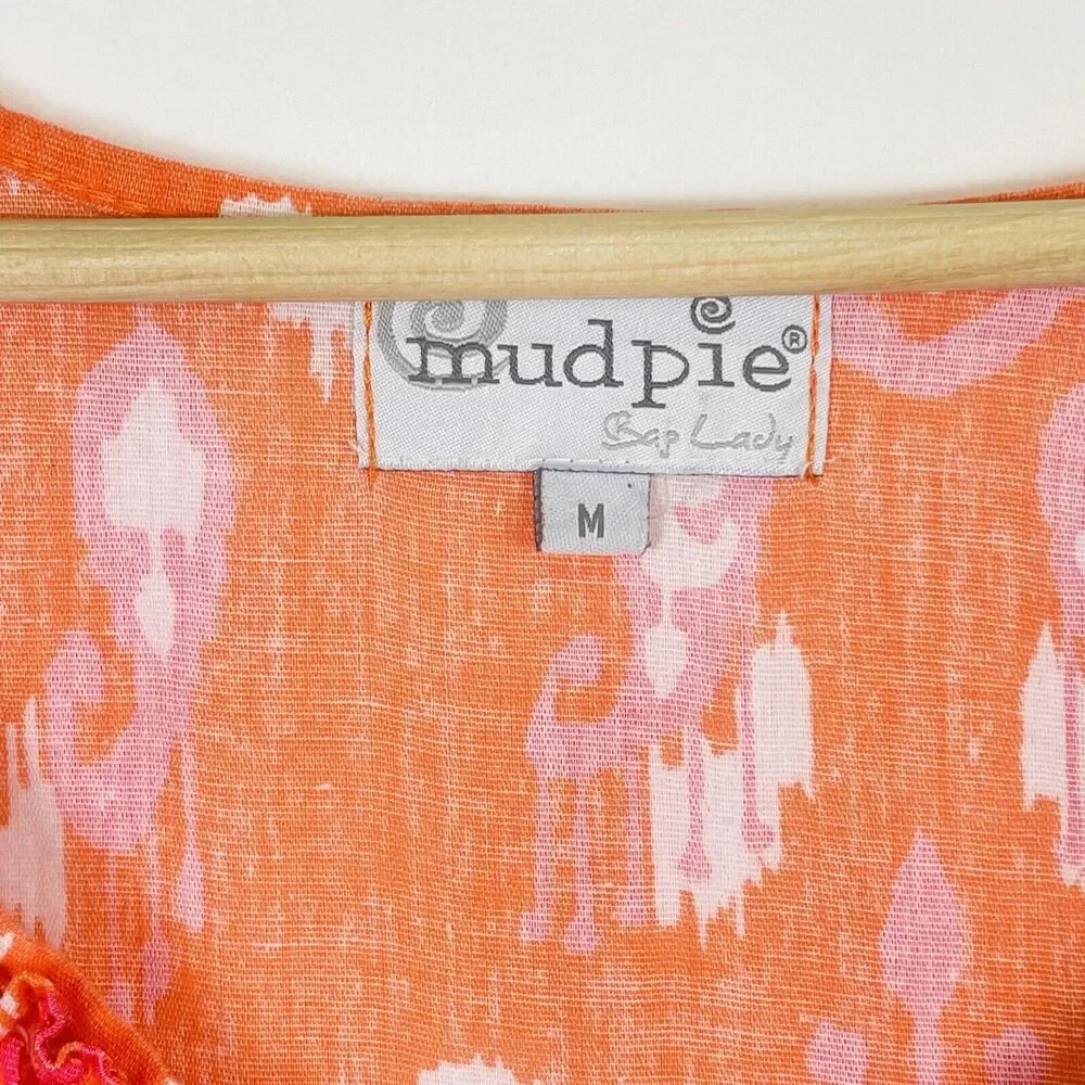 Mud Pie Dress Women Medium Orange Pink Ikat Ruffle Bell Sleeve Boho Coastal